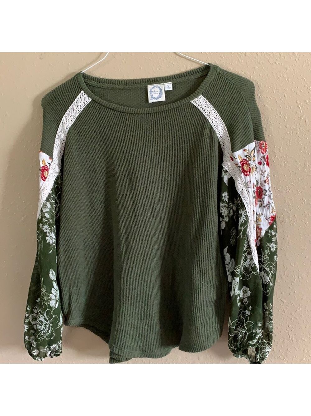 Blue Rain Olive green and sheer sleeve top